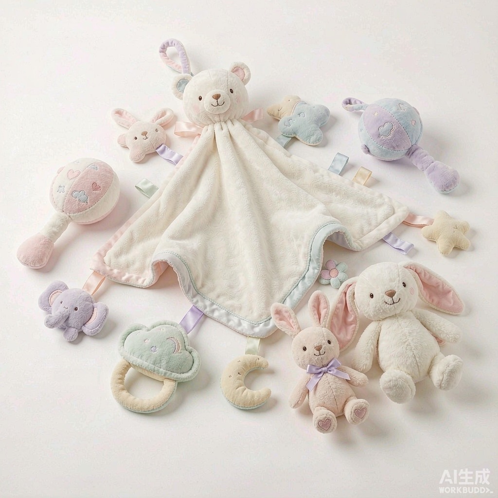 Soft baby plush toys and comforters in pastel colors