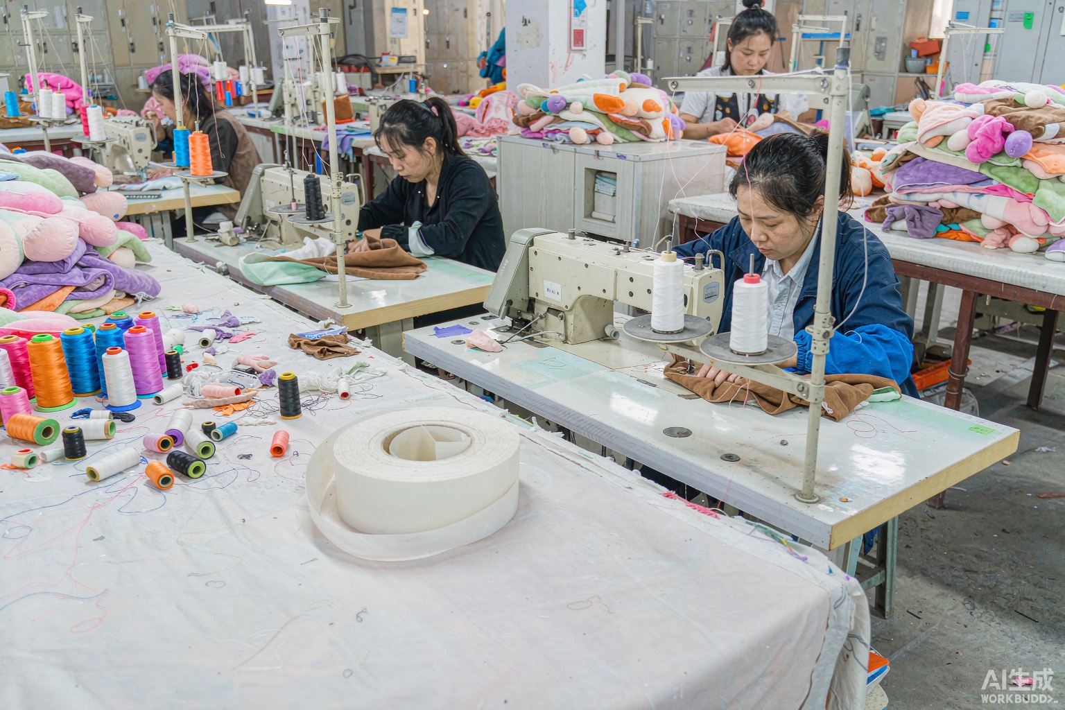 JoyLink factory production floor with workers sewing plush toys