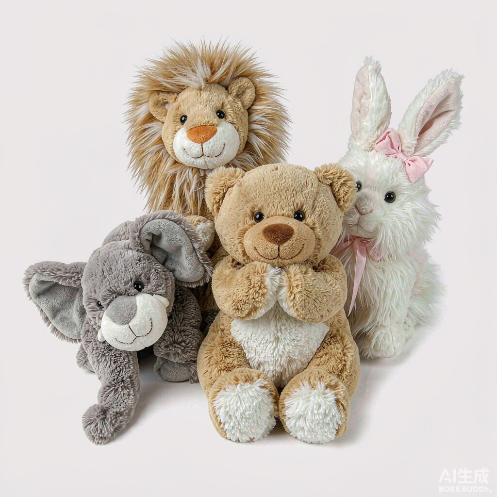 Stuffed animal plush toys including teddy bears and plush elephants